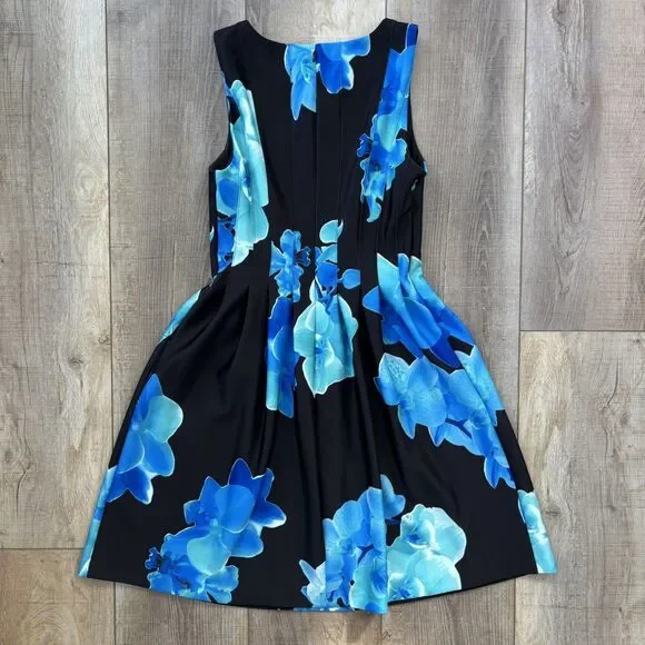 Calvin Klein Blue Black Sleeveless Floral Fit & Flare Cocktail Dress Sz 8 Spring - Picture 5 of 11